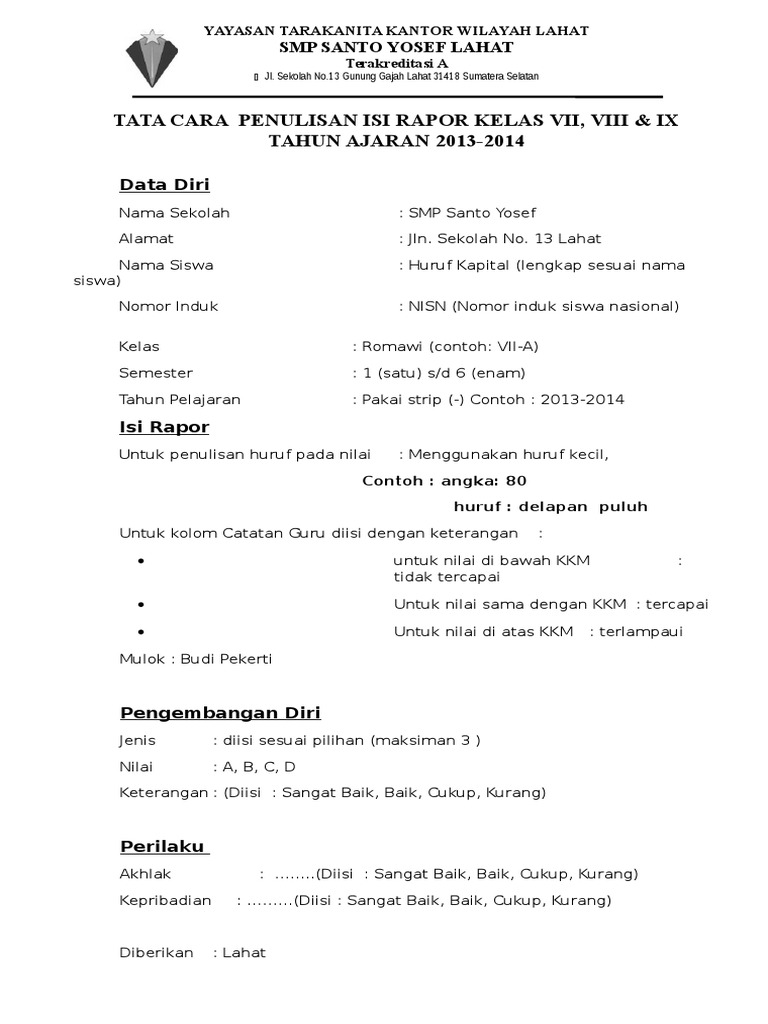 Panduan Penulisan Rapor 2013-2014 | PDF