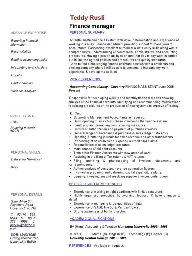 Finance Assistant Cv Template Accounting Economies