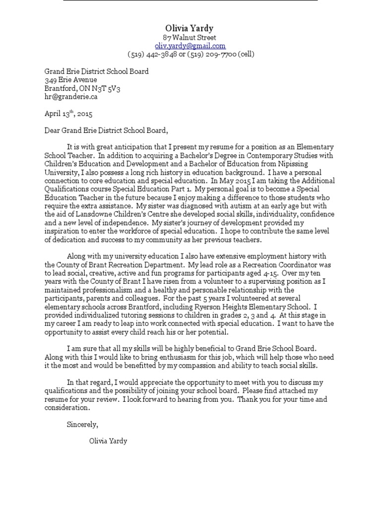 cover letter for school board position