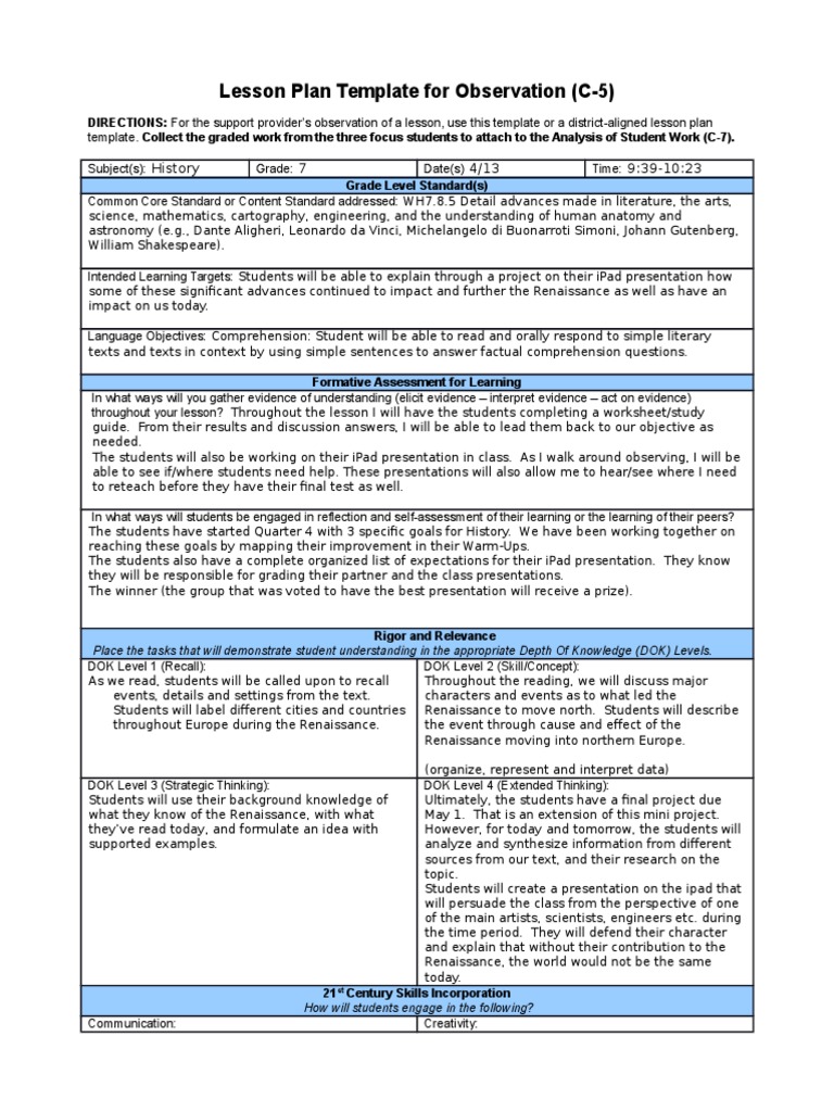 C5lesson Plan Template For Observation 2014 | PDF | Reading ...
