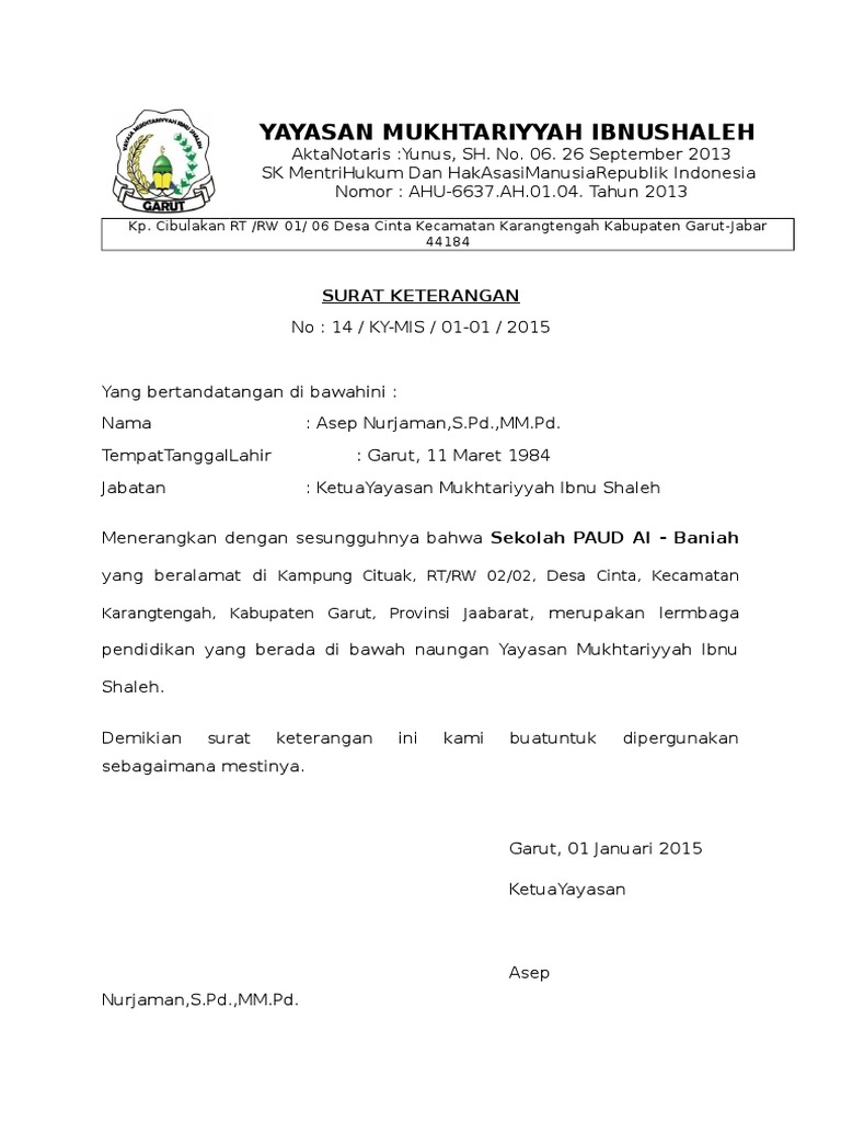 Surat Keterangan Paud Albainah