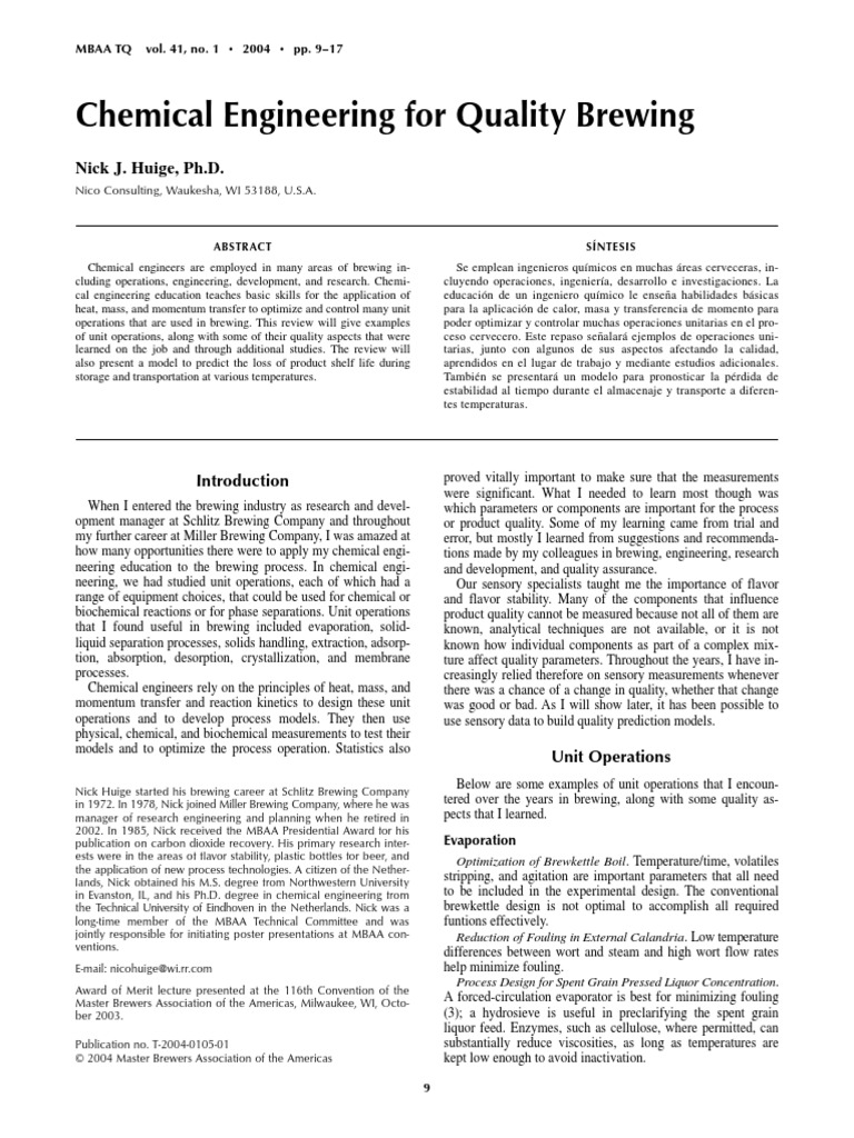 Cerveza Chemical Engineering For Quality Brewing PDF PDF Membrane