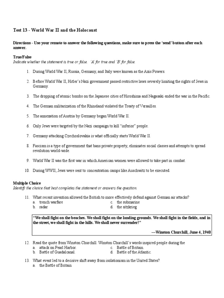 WWII and Holocaust Test Answers | PDF | World War II | Nazi Germany