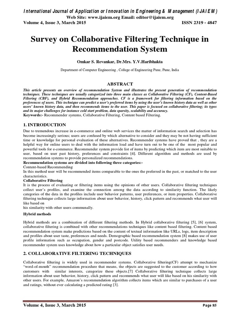 Survey On Collaborative Filtering Technique in Recommendation System | PDF