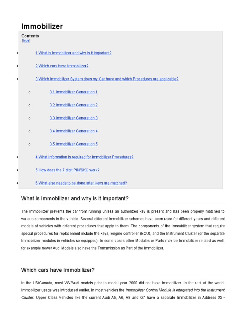 Immobilizer What Is Immobilizer and Why Is It Important? PDF Volkswagen Audi