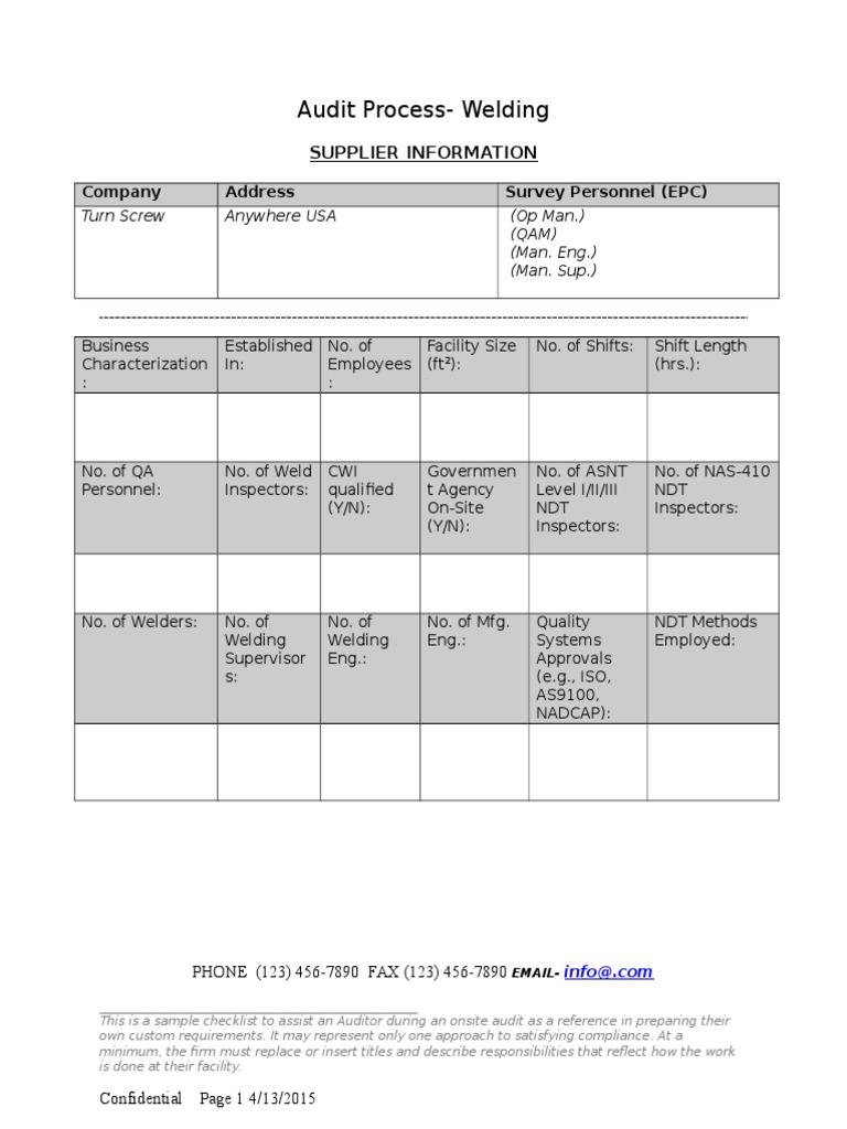 Sample Weld Audit Checklist PDF Nondestructive Testing Welding