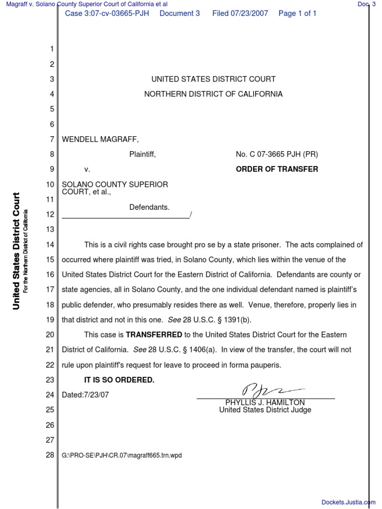 Magraff v. Solano County Superior Court of California Et Al - Document No.  3 | PDF | Pro Se Legal Representation In The United States | United States District  Court