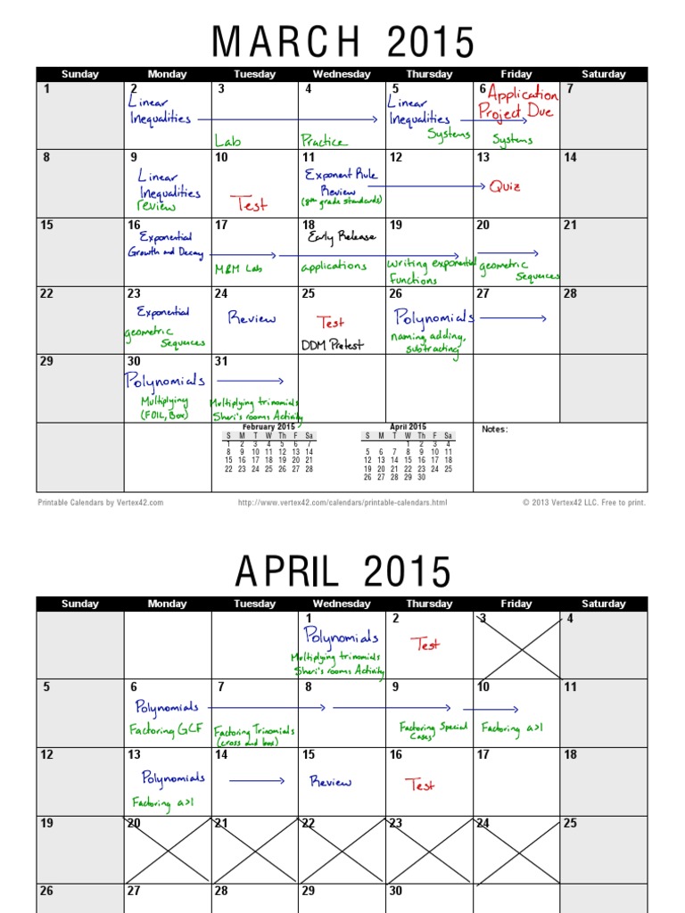 Printable 2015 Monthly Calendars | PDF | Teaching Methods & Materials