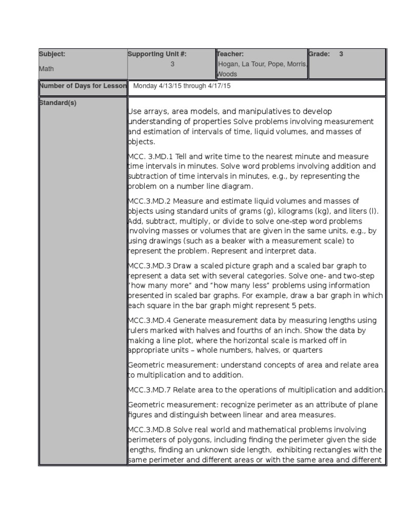 3rd Grade Math Unit on Measurement and Data | PDF | Differentiated ...