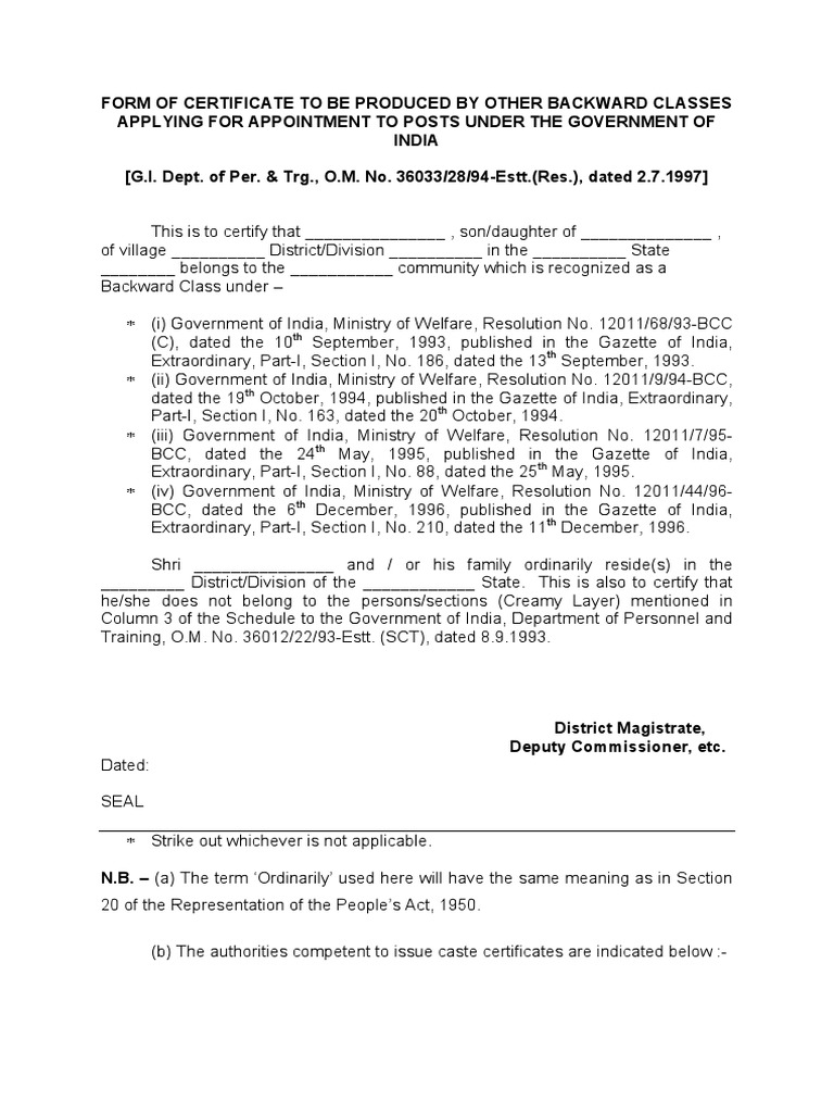 Form For OBC Certificate | PDF | Magistrate | Government Of India