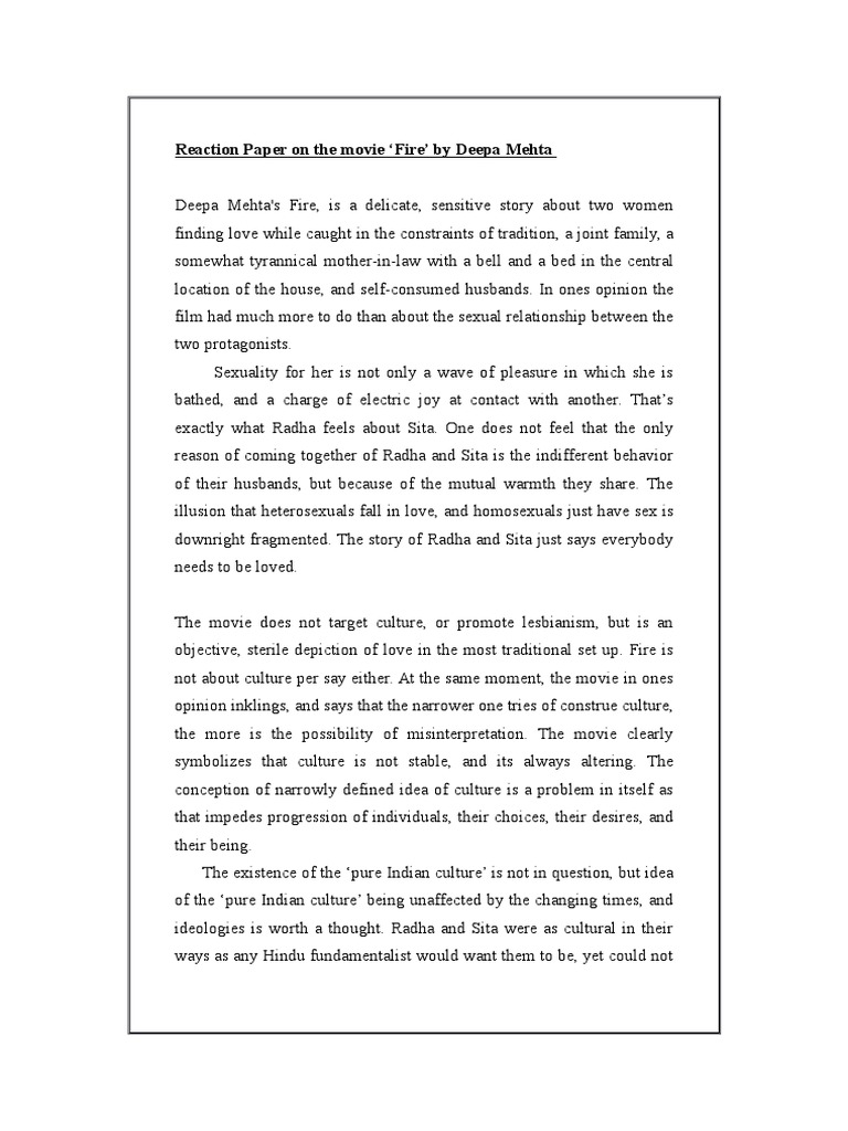 Reaction Paper On The Movie Fire' by Deepa Mehta | PDF | Human Sexual ...