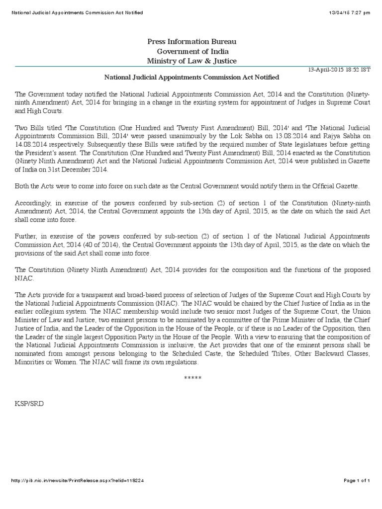National Judicial Appointments Commission Act Notified Government Of