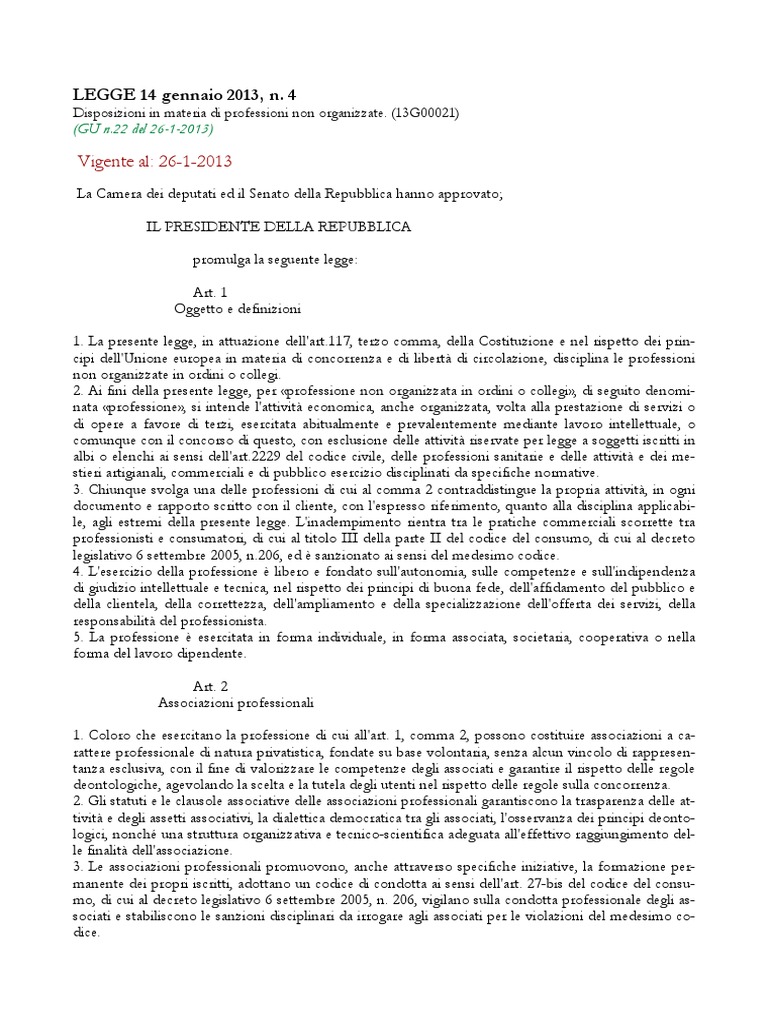 legge 14 gennaio 2013 n° 4