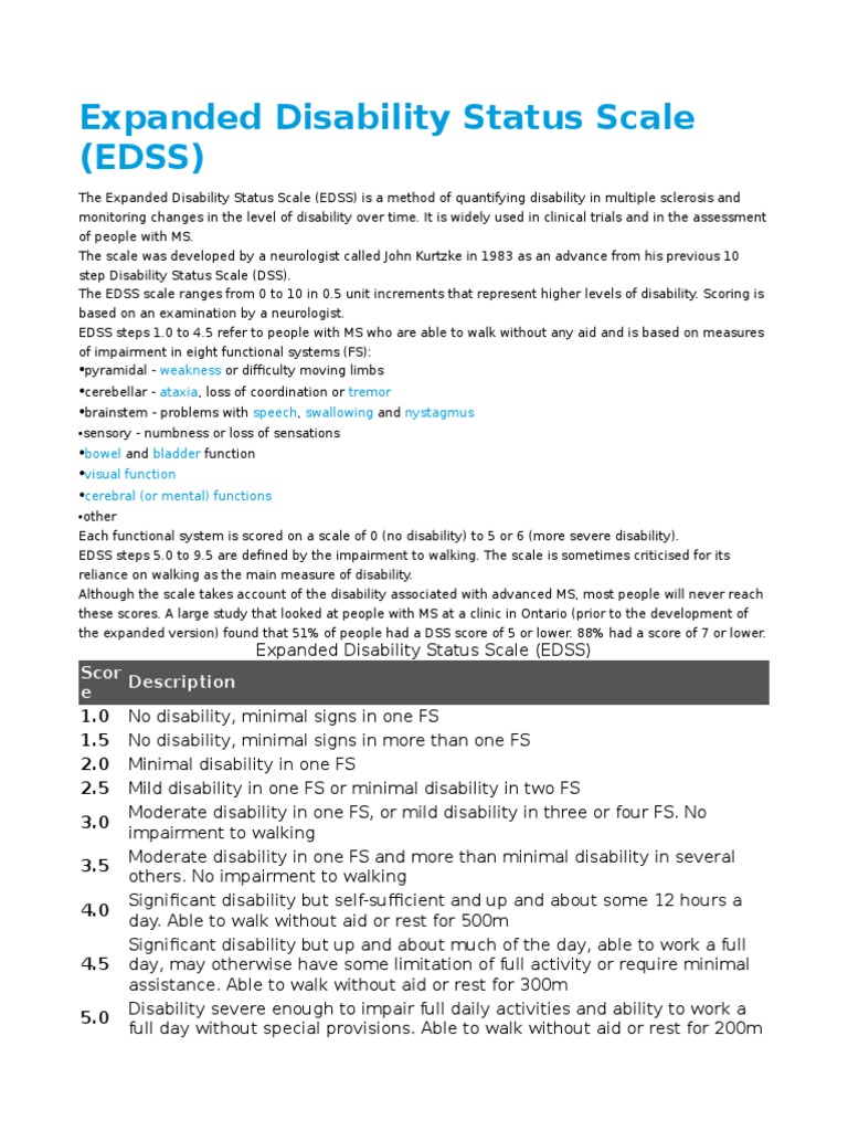 Expanded Disability Status Scale (EDSS) Scor e Description Multiple