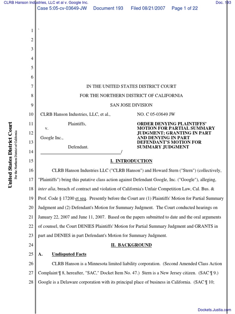 Order Denying Plaintiffs’ Motion For Partial Summary Judgment; Granting