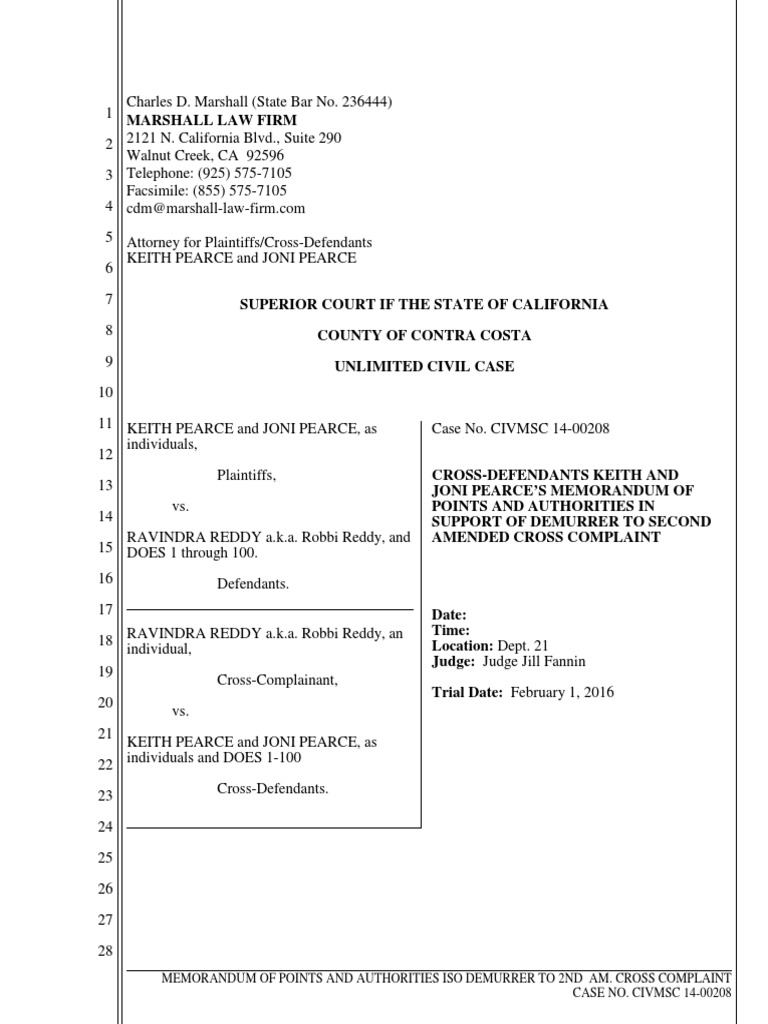 Demurrer to Cross Complaint in CA Case | PDF | Demurrer | Intentional ...