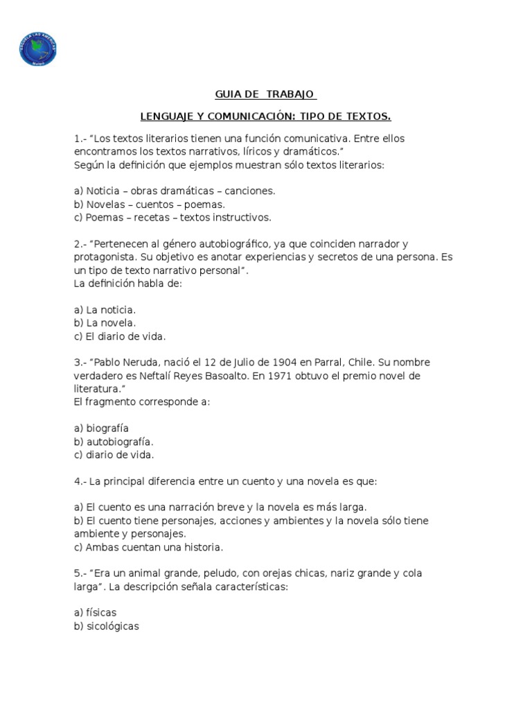 Guia de Trabajo Lenguaje Tipos de Textos | PDF | Cuentos | Autobiografías