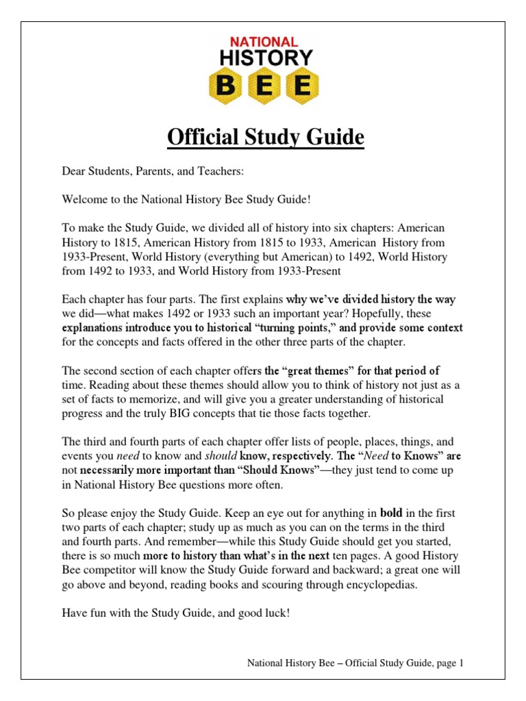 National History Bee Study Guide PDF Ancient History Federalist Party