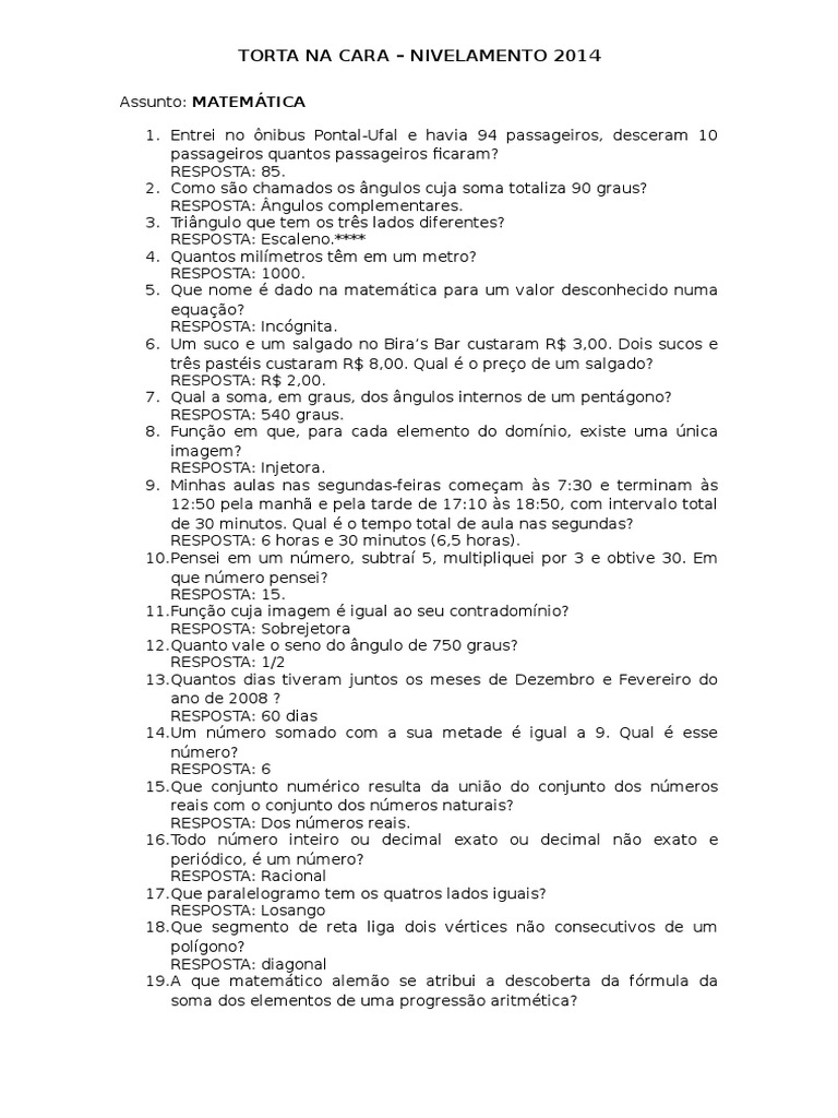 Perguntas Para Torta Na Cara Ensino Fundamental 1