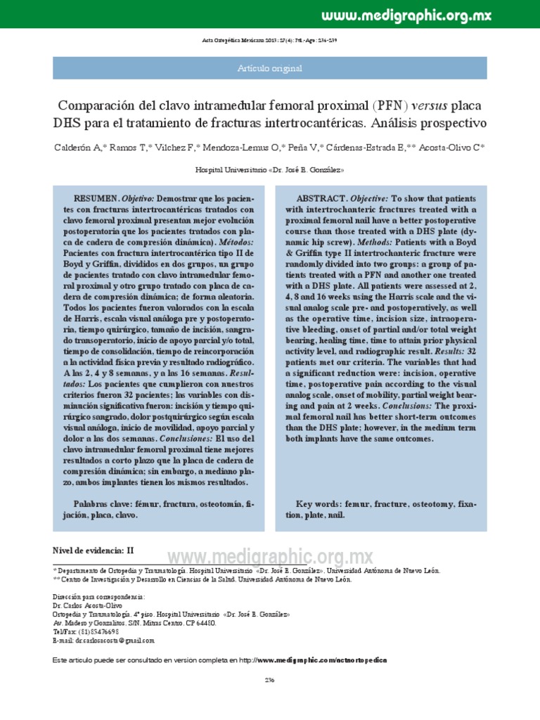 Comparacion Del Clavo Intramedular Femoral Proximal Pfn Versus Placa Dhs Para El Tratamiento De Fracturas Intertrocantericas Analisis Prospectivo Diagnostico Medico Estadisticas