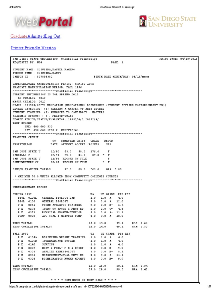 Unofficial Student Transcript | PDF | Schools | Academia