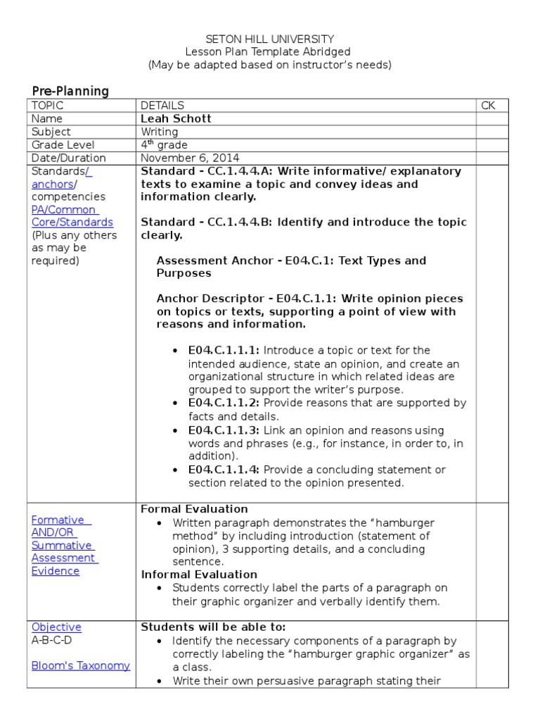Hamburger Paragraph Lesson Plan Pdf Lesson Plan Educational Assessment