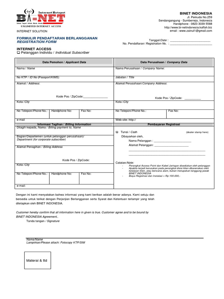 Form Langganan Internet BINET INDONESIA | PDF