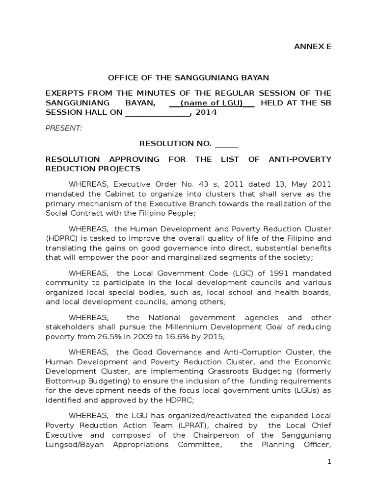 Annex E Sample Resolution | PDF | Poverty Reduction | Governance