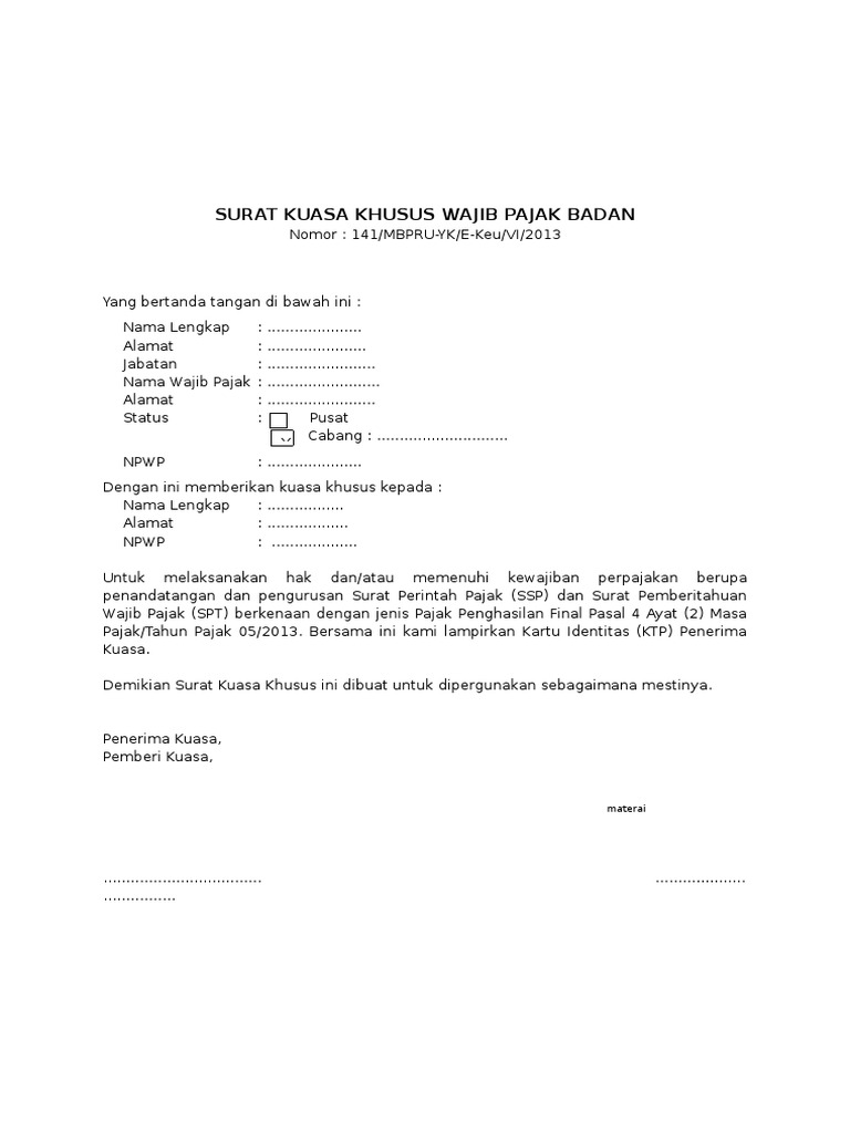 Contoh Surat Kuasa Khusus Wajib Pajak Badan PDF