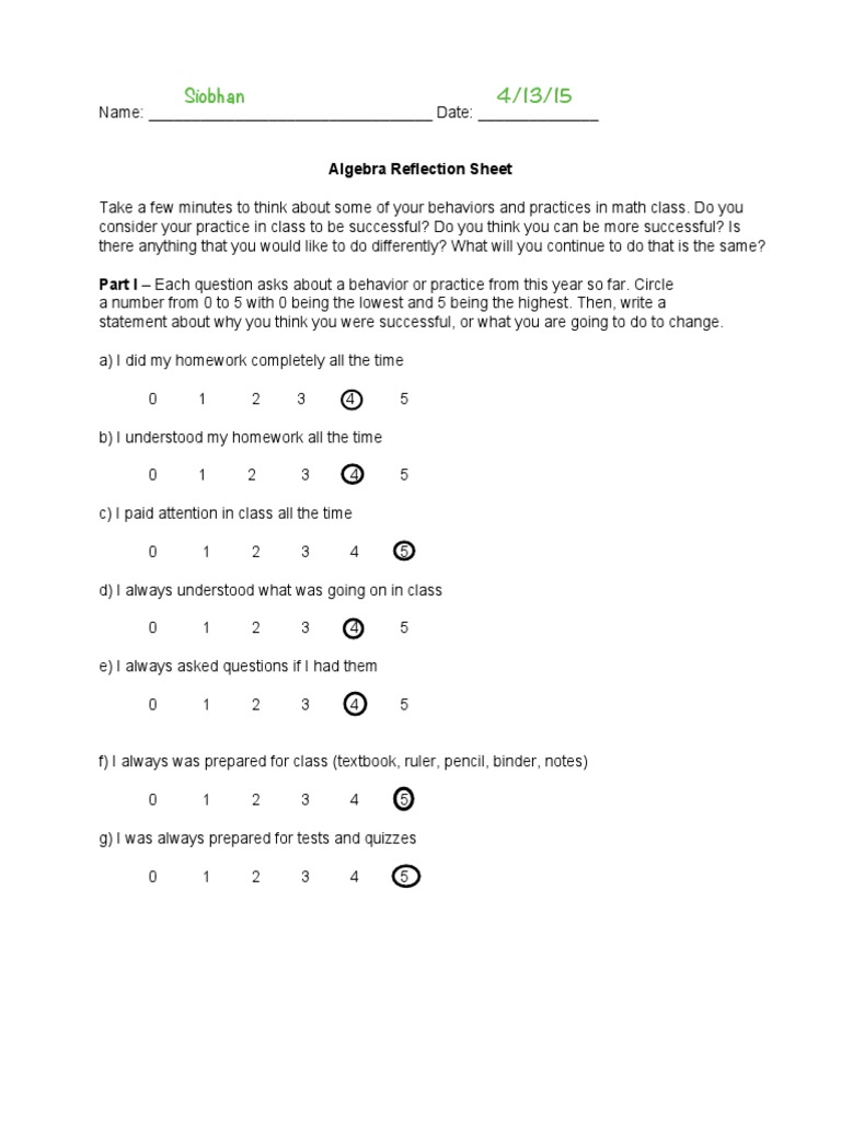 Algebrareflectionsheet | PDF | Language Arts & Discipline | Self ...