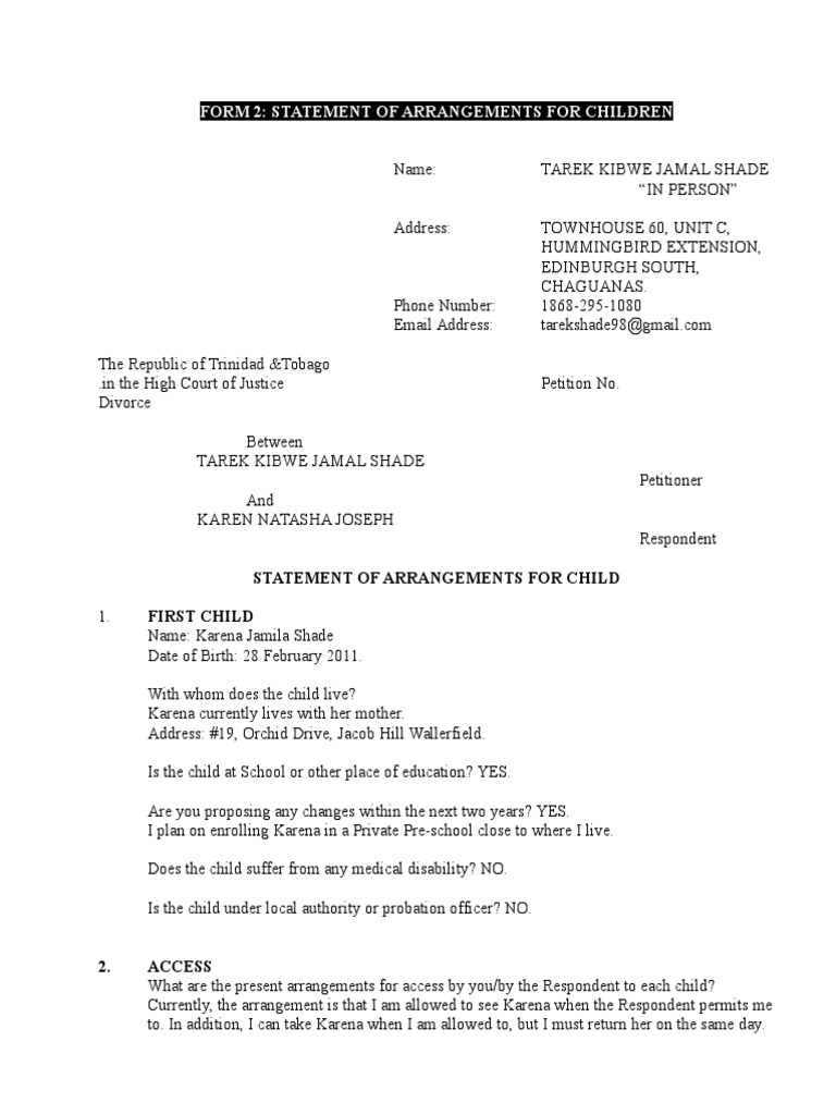 Child Custody Arrangement Statement | PDF | Wellness