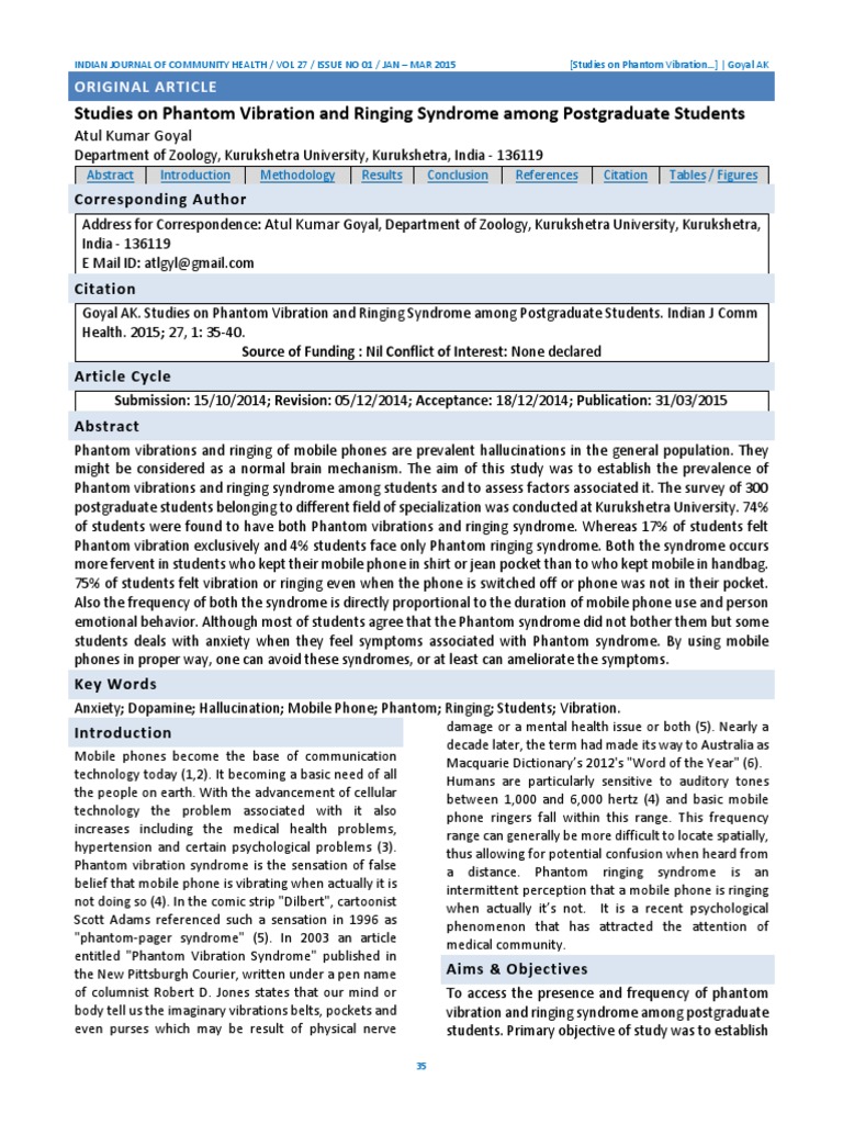 Phantom Vibration and Ringing Syndrome Nervous System Neuroscience