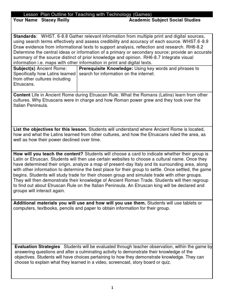 Lesson Plan Outline For Teaching With Technology (Games) | PDF