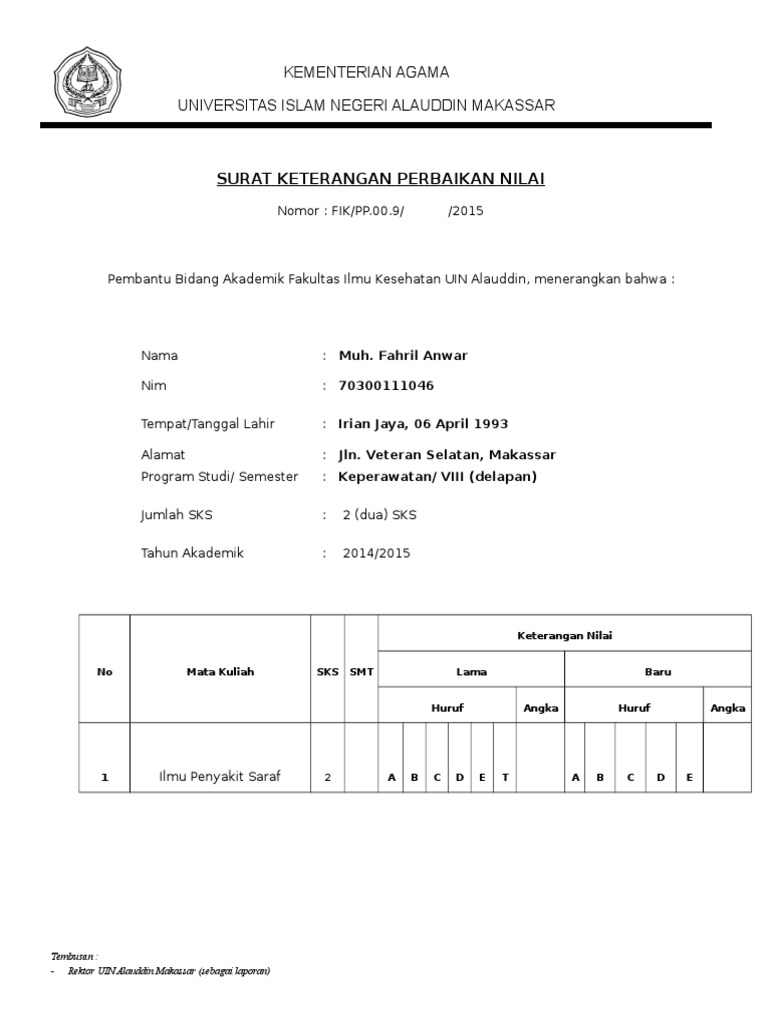 Surat Keterangan Perbaikan Nilai