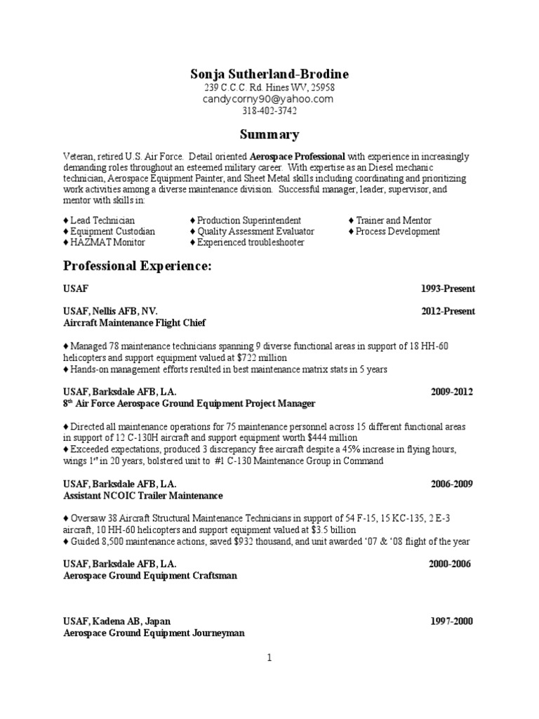 Sonja Resume | PDF | United States Air Force | Lockheed C 130 Hercules