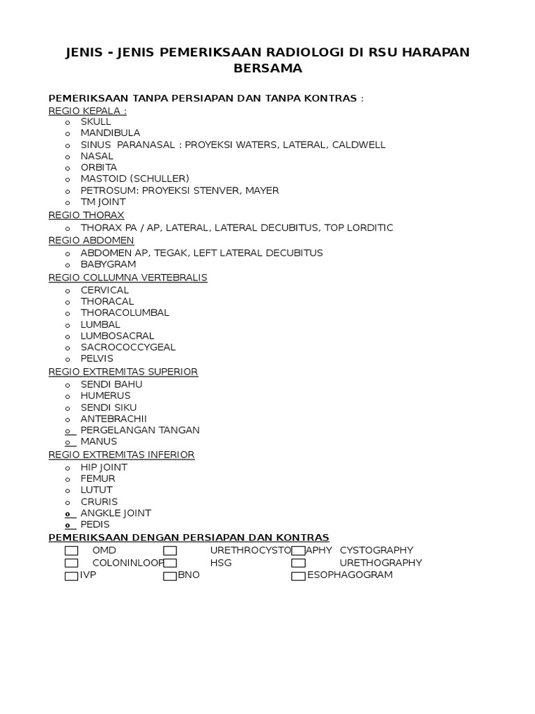 Jenis Pemeriksaan Radiologi RSU | PDF