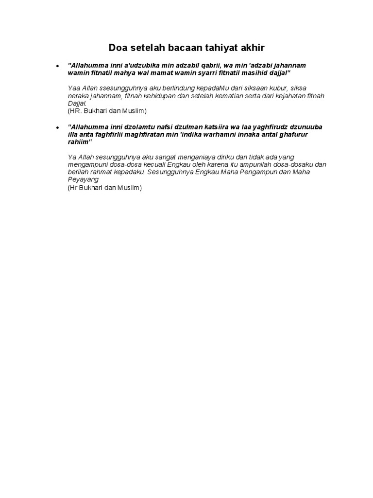 Doa Setelah Bacaan Tahiyat Akhir