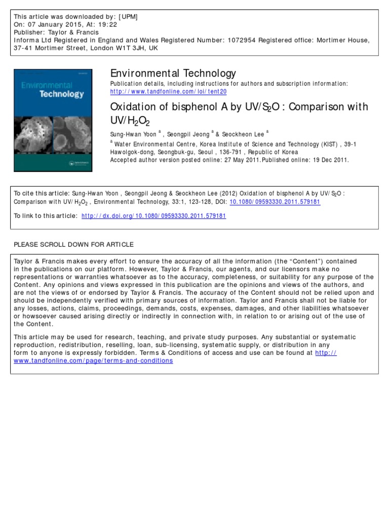 Oxidation of Bisphenol A by UVS 2 O - Comparison With UVH 2 O | PDF ...