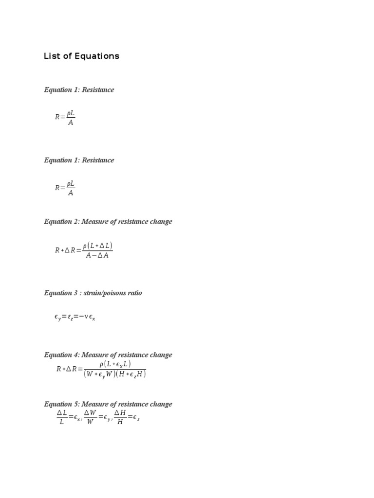 List of Equations Equation 1 Resistance PDF