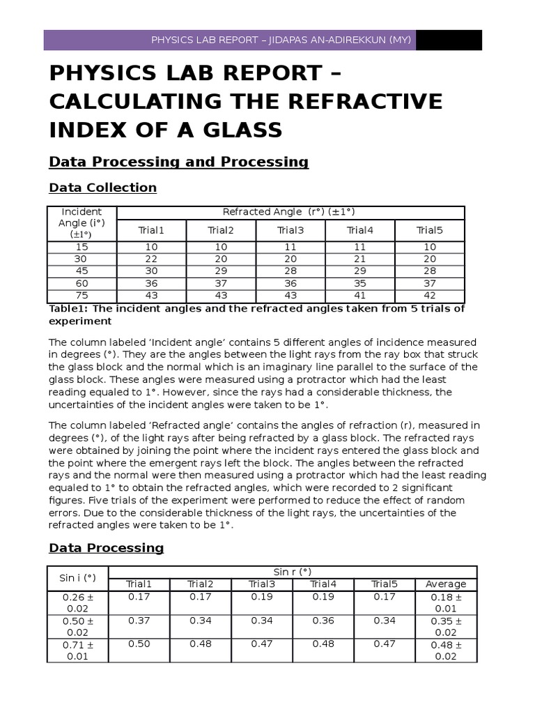 Physics Lab Report Refractive Index Sine Refraction
