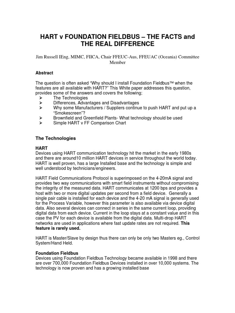 HART Vs Foundation Fieldbus Comparison PDF Input/Output