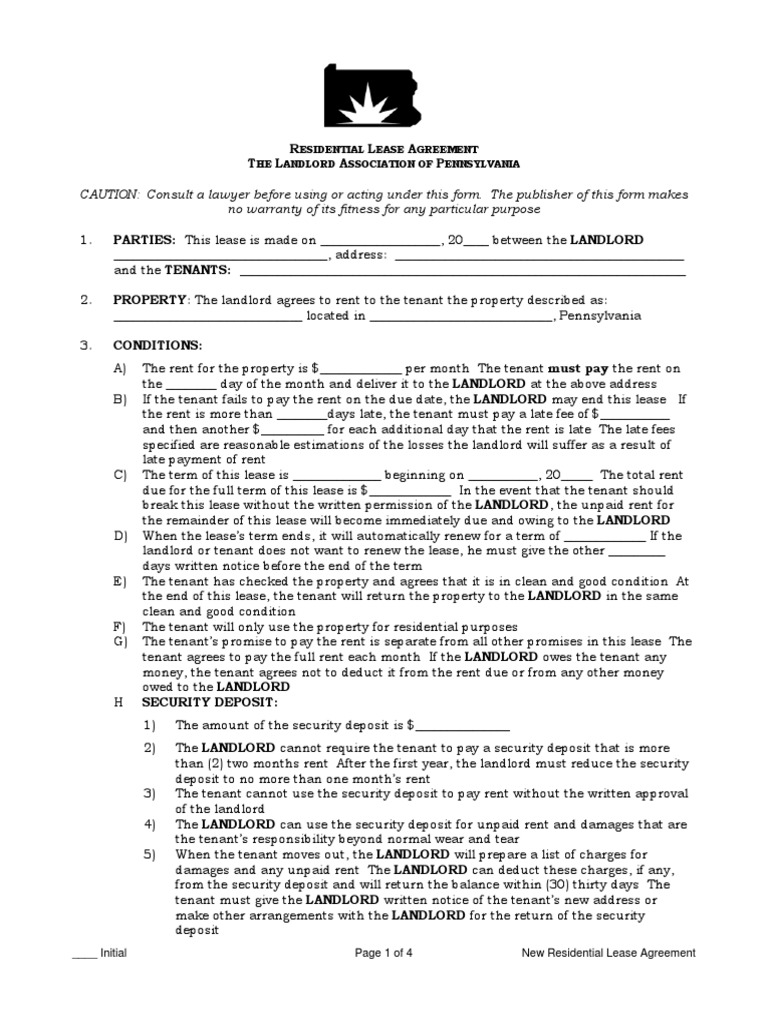 Pennsylvania Residential Lease Agreement Landlord Association | PDF | Lease | Leasehold Estate for Free Printable Apartment Rental Lease