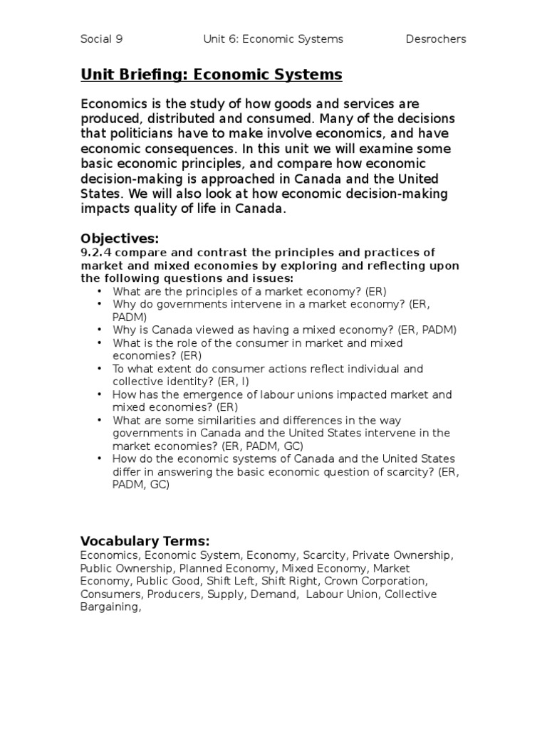 Unit Briefing - Economic Systems | PDF | Economic System | Market Economy