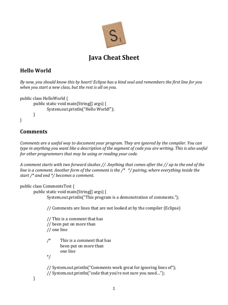 Java Cheat Sheet: Hello World | PDF | Boolean Data Type | Computer ...