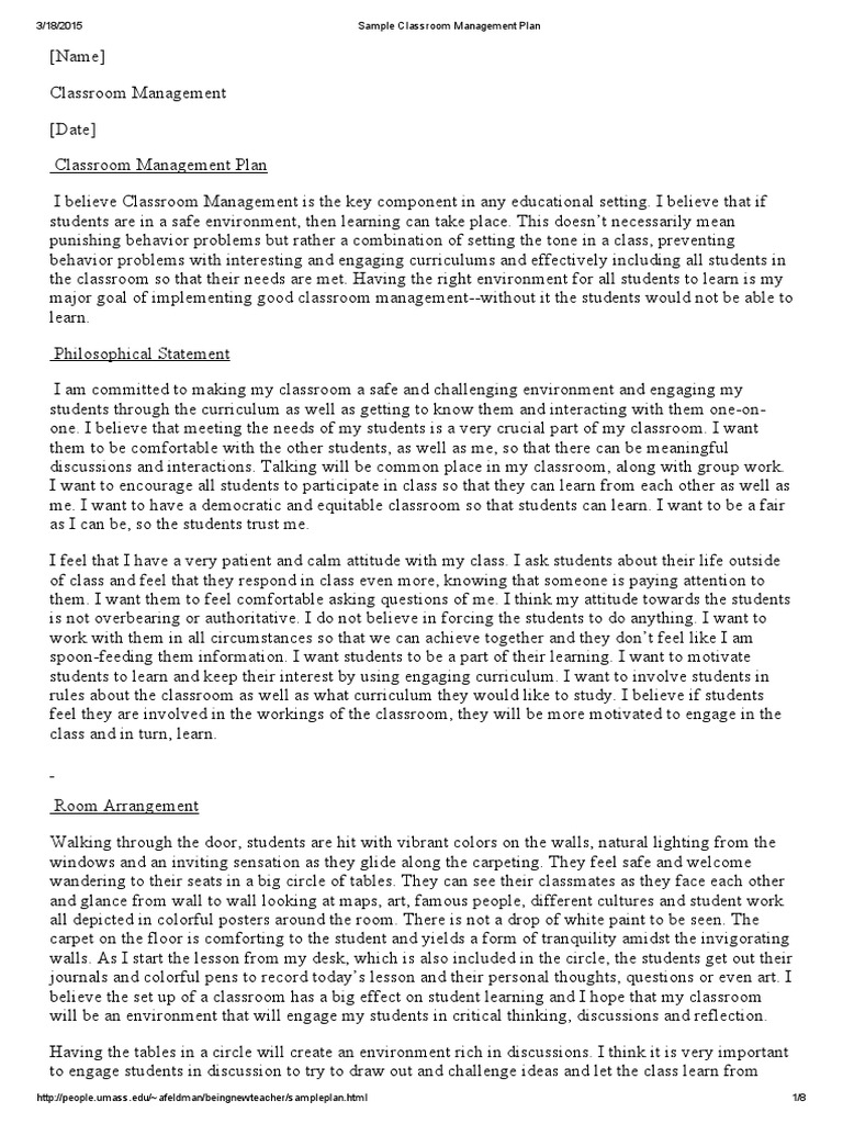 Sample Classroom Management Plan Classroom Management Classroom