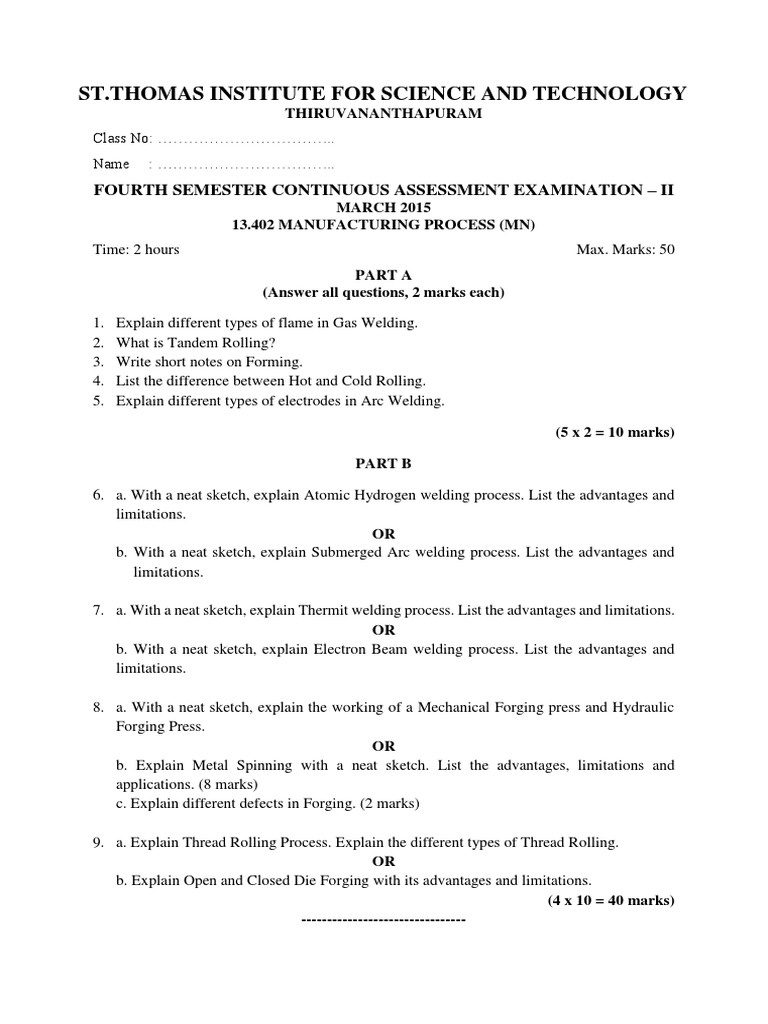 Manufacturing Process Series 2 question paper