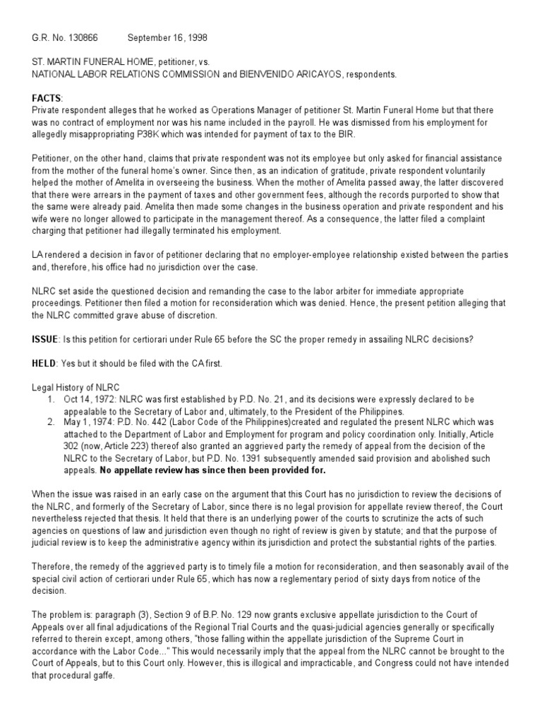 ST Martin Funeral Home Vs NLRC PDF Appeal Certiorari