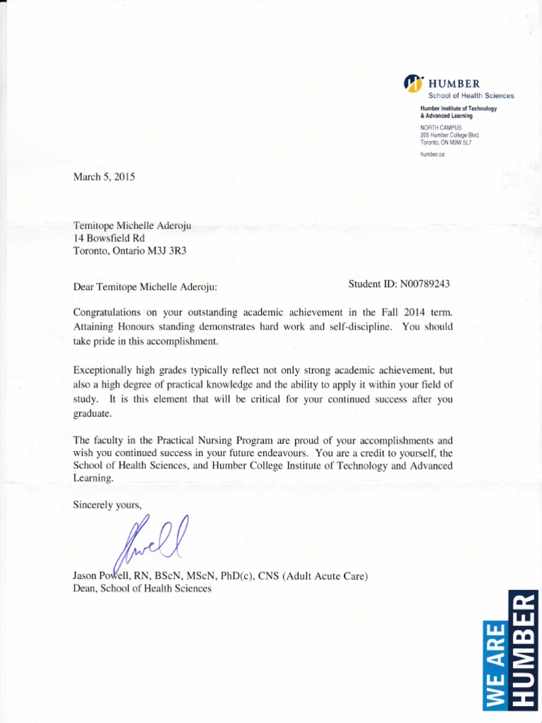Humber Honour Roll Achievement Letter | PDF | Career & Growth