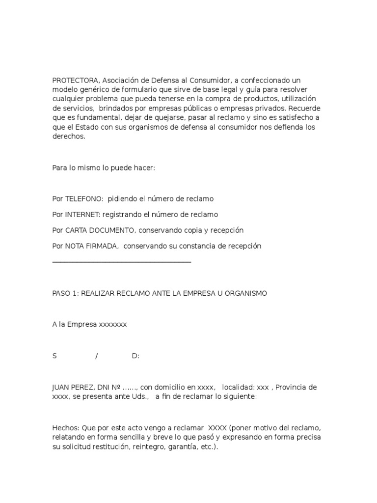 Modelo De Denuncia Ley 24240 Los Consumidores Proteccion Al Consumidor