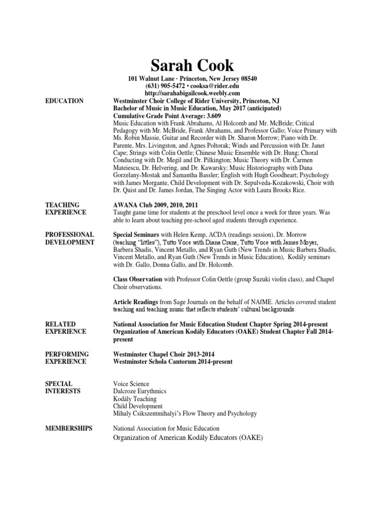 Sarah Cook Music Education Resume | PDF